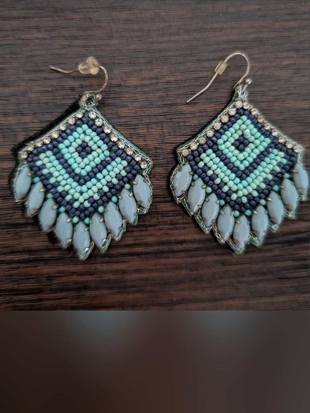 Handcrafted Beaded Teal and Navy Fringe Earrings
